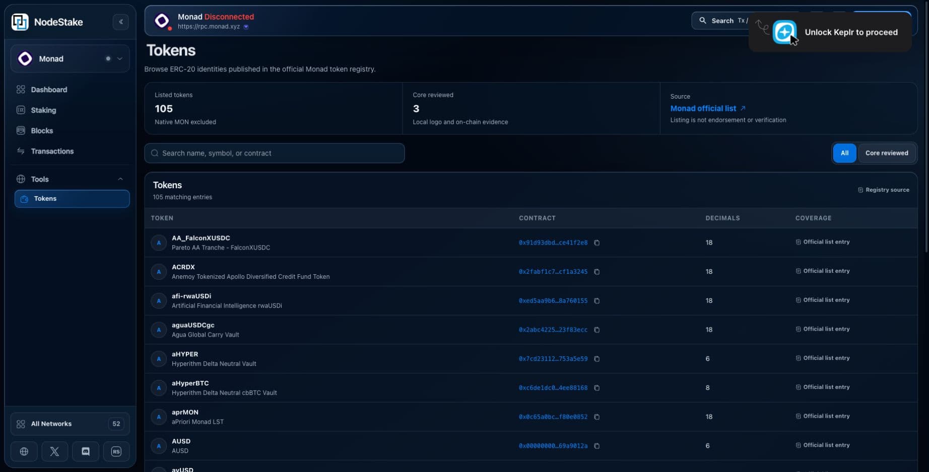Monad Token List in NodeStake Explorer