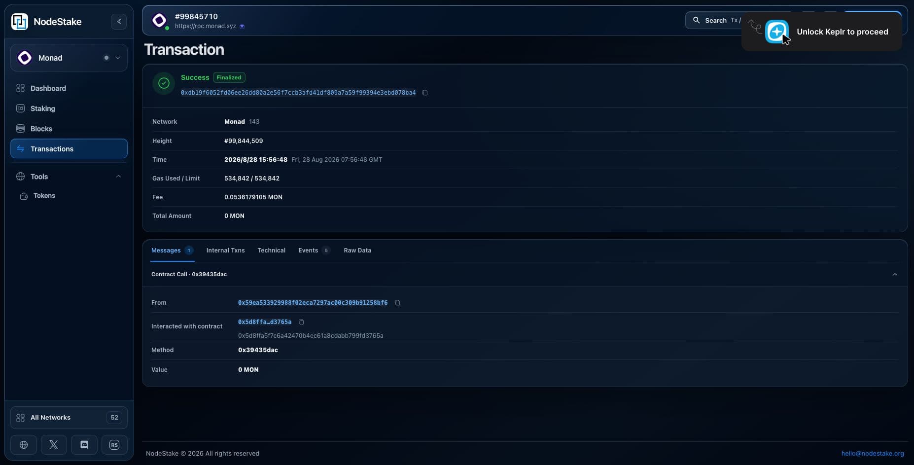 Monad transaction details in NodeStake Explorer