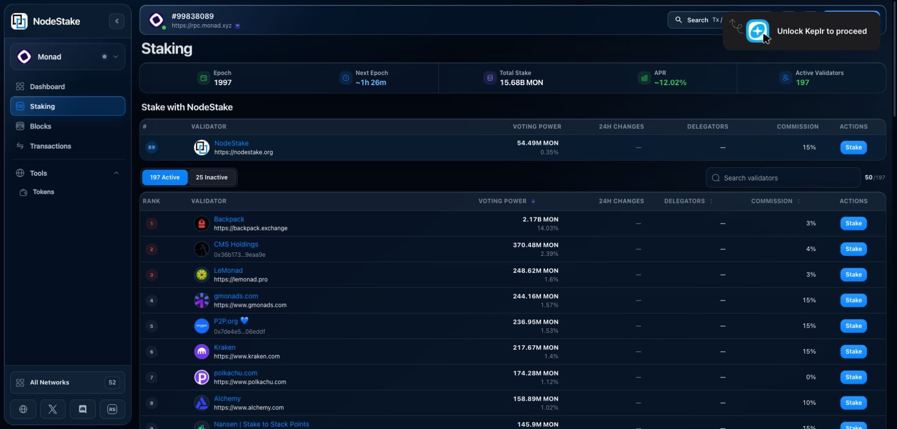 Monad validators and staking in NodeStake Explorer