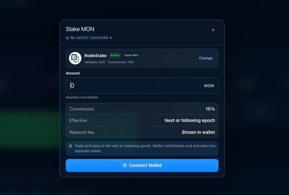 Stake MON form in NodeStake Explorer