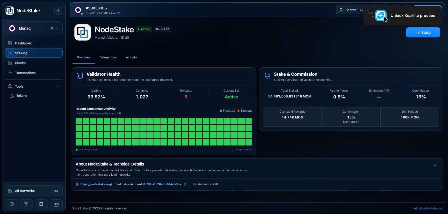 NodeStake Monad validator health and staking details